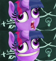 Size: 1846x1996 | Tagged: safe, artist:pinkiepiehole, twilight sparkle, alicorn, pony, unicorn, g4, bust, chalkboard, faic, female, horn, mare, portrait, pudding face, scene interpretation, solo, twilight sparkle (alicorn)