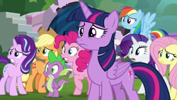 Size: 1280x720 | Tagged: safe, screencap, applejack, fluttershy, pinkie pie, rainbow dash, rarity, spike, starlight glimmer, twilight sparkle, alicorn, dragon, earth pony, pegasus, pony, unicorn, g4, my little pony: friendship is magic, school daze, season 8, horn, horrified, mane eight, mane seven, mane six, outdoors, reaction image, sad, shocked, twilight sparkle (alicorn), wingless spike, wings, worried