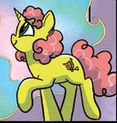 Size: 117x123 | Tagged: safe, giddilee, unicorn, g4, curly mane, giddorable, horn, idw comics, not li'l cheese, offscreen character, picture for breezies, pink mane, solo, standing on two hooves, yellow coat