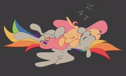 Size: 2048x1240 | Tagged: safe, artist:volchok_hehe, fluttershy, rainbow dash, pegasus, pony, g4, duo, female, gray background, lesbian, lying down, mare, onomatopoeia, open mouth, prone, ship:flutterdash, shipping, simple background, sleeping, sound effects, wings, zzz