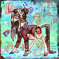 Size: 3000x3000 | Tagged: safe, artist:hotnik, oc, oc only, oc:nntiger_pony, cat, pony, unicorn, abstract background, bun hairstyle, clothes, coat, digital art, eyelashes, female, headphones, horn, long ears, long hair, solo, tired, unicorn oc