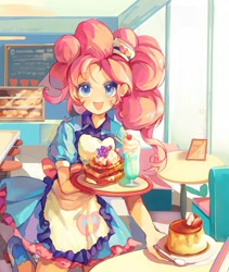 Size: 2160x2561 | Tagged: safe, artist:shansewanzi, pinkie pie, human, g4, apron, bakery, cafe, cherry, clothes, dress, drink, food, frilly dress, humanized, indoors, looking at you, offscreen character, plate, pov, pudding, solo focus, spoon, strawberry, table, tray, uniform, waffle, whipped cream, window