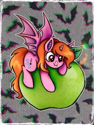 Size: 2250x3000 | Tagged: safe, artist:dariarchangel, oc, oc only, oc:dazha, bat, bat pony, pony, unicorn, vampire bat pony, g4, >:), adorable face, apple, bat ears, bat ponified, bat pony oc, bat wings, c:, cute, cute face, cute little fangs, cute smile, eyebrows, eyebrows visible through hair, fangs, female, female oc, food, giant apple, green apple, horn, long tail, looking at something, mare, mare oc, my precious, ocbetes, orange hair, orange mane, orange tail, passepartout, pink coat, pony oc, race swap, red eyes, small horn, smiling, smol, solo, spread wings, tail, traditional art, unicorn bat pony, unicorn oc, wings