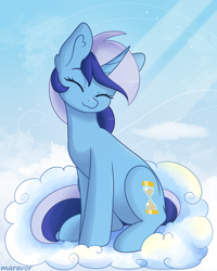 Size: 1200x1500 | Tagged: safe, artist:maravor, minuette, pony, unicorn, g4, cloud, curved horn, cute, eyes closed, female, horn, mare, minubetes, on a cloud, sitting, sitting on a cloud, smiling, solo