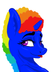 Size: 627x877 | Tagged: safe, artist:visserex52, oc, oc only, oc:snickerdoodles, pony, unicorn, :p, bedroom eyes, blue coat, horn, multicolored hair, pfp, purple eyes, rainbow hair, simple background, solo, tongue out, transparent background