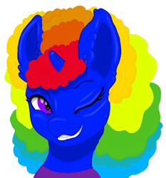 Size: 790x848 | Tagged: safe, artist:visserex52, oc, oc only, oc:snickerdoodles, pony, unicorn, blue coat, bust, eyestrain warning, horn, multicolored hair, needs more saturation, one eye closed, portrait, purple eyes, rainbow hair, simple background, smiling, solo, transparent background, unicorn oc, wink