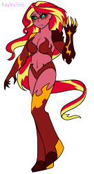 Size: 1332x2444 | Tagged: safe, artist:hayley566, sunset shimmer, equestria girls, g4, armor, belly, belly button, boots, breasts, claws, commission, crossover, female, gritted teeth, shoes, simple background, solo, sunset satan, teeth, transparent background, witchblade