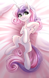 Size: 2200x3466 | Tagged: safe, artist:hakaina, sweetie belle, pony, unicorn, g4, bed, chest fluff, female, filly, foal, grin, high res, horn, lying down, on back, on bed, smiling, solo, thin