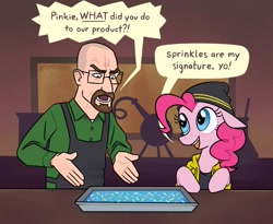 Size: 1221x1000 | Tagged: safe, artist:roverdosing, pinkie pie, earth pony, human, g4, annoyed, apron, beanie, beard, breaking bad, brownie, clothes, cocaine, crossover, dialogue, drugs, facial hair, female, food, glasses, hat, hoodie, jesse pinkman, male, name pun, smiling, speech bubble, walter white