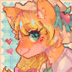 Size: 880x880 | Tagged: safe, artist:brila, part of a set, applejack, pony, g4, applejack's hat, bow, bust, clothes, cottagecore, cowboy hat, digital art, female, hat, heart, icon, mare, pixel art, portrait, smiling, solo