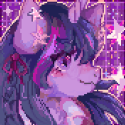 Size: 440x440 | Tagged: safe, artist:brila, part of a set, twilight sparkle, pony, unicorn, g4, braid, bust, digital art, female, horn, icon, mare, pixel art, portrait, smiling, solo, stars