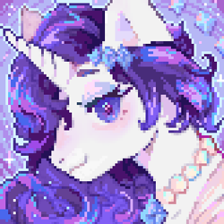 Size: 440x440 | Tagged: safe, artist:brila, part of a set, rarity, pony, unicorn, g4, bust, clothes, digital art, female, horn, icon, jewelry, looking at you, mare, necklace, pearl necklace, pixel art, portrait, smiling, solo