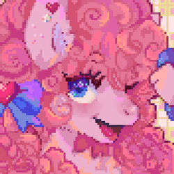 Size: 440x440 | Tagged: safe, artist:brila, part of a set, pinkie pie, pony, g4, bow, bust, digital art, female, hair over one eye, icon, mare, open mouth, pixel art, portrait, smiling