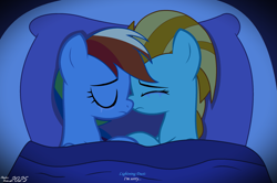 Size: 2401x1597 | Tagged: safe, artist:stephen-fisher, lightning dust, rainbow dash, pegasus, g4, bed, blanket, crying, cuddling, duo, duo female, female, lesbian, sad, ship:rainbowdust, shipping, sleeping