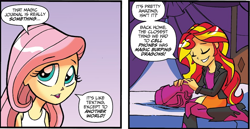 Size: 944x486 | Tagged: safe, idw, official comic, fluttershy, sunset shimmer, human, equestria girls, g4, spoiler:comic, backpack, bed, eyes closed, implied spike, my little pony equestria girls holiday special, smiling