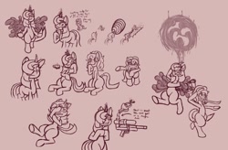 Size: 1000x656 | Tagged: safe, artist:its-filly-silly, oc, pony, unicorn, cup, eye clipping through hair, gesugao, horn, levitation, magic, monochrome, sketch, sketch dump, teacup, telekinesis, wingding eyes