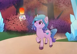 Size: 595x420 | Tagged: safe, artist:flutter._marine, izzy moonbow, pony, unicorn, g5, my little pony: a new generation, bridlewood, crystal, female, filly, filly izzy moonbow, foal, forest, horn, lantern, mare, nature, outdoors, solo, tree, younger