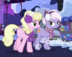 Size: 467x372 | Tagged: safe, screencap, burning passion, millie, earth pony, g4, my little pony best gift ever, my little pony: friendship is magic, clothes, discovery family, discovery family logo, earmuffs, female, lidded eyes, logo, looking at each other, looking at someone, mare, outdoors, scarf, smiling, snow, winter outfit