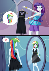 Size: 1100x1600 | Tagged: safe, artist:riouku, rainbow dash, rarity, equestria girls, g4, 2 panel comic, black dress, blushing, breasts, clothes, clothes hanger, comic, commission, cute, dashabetes, dress, duo, duo male and female, female, heart, little black dress, male, mirror, open mouth, rainbow dash always dresses in style, rainbow dash is not amused, skirt, unamused