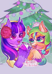 Size: 1443x2048 | Tagged: safe, artist:zackchibi, sunny starscout, twilight sparkle, alicorn, earth pony, pony, g4, g5, chocolate, christmas, christmas tree, clothes, duo, duo female, earmuffs, female, food, hat, holiday, hoof hold, hot chocolate, mare, marshmallow, mug, open mouth, open smile, signature, smiling, sunny and her heroine, tree, twilight sparkle (alicorn), unshorn fetlocks, winter outfit