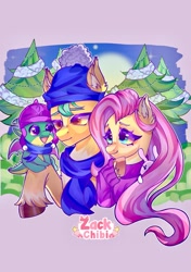 Size: 1443x2048 | Tagged: safe, artist:zackchibi, angel bunny, fluttershy, hitch trailblazer, sparky sparkeroni, dragon, earth pony, pegasus, pony, rabbit, g4, g5, animal, baby, baby dragon, christmas, christmas tree, clothes, earmuffs, female, hat, hitch and his 2nd heroine, holiday, male, mare, outdoors, scarf, stallion, sweater, tree, winter outfit