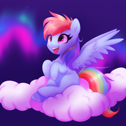 Size: 2048x2048 | Tagged: safe, artist:kuroartss, rainbow dash, pegasus, pony, g4, aurora borealis, blank flank, cloud, ear fluff, female, filly, filly rainbow dash, foal, on a cloud, open mouth, open smile, outdoors, sitting, sitting on a cloud, sky, smiling, solo, spread wings, wings, younger