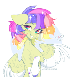 Size: 2700x2900 | Tagged: safe, artist:avroras_world, oc, oc only, pegasus, pony, big ears, bust, circle background, clothes, colored wings, colored wingtips, female, floppy ears, grin, heart, looking at you, mare, multicolored hair, partially open wings, pictogram, question mark, rainbow hair, signature, smiling, smiling at you, socks, solo, sparkles, sparkly mane, speech bubble, two toned wings, wings