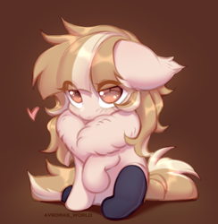 Size: 2150x2200 | Tagged: safe, artist:avroras_world, part of a set, oc, oc only, oc:gelya, pony, brown background, chest fluff, clothes, commission, cute, eye clipping through hair, floppy ears, heart, looking up, ocbetes, simple background, sitting, socks, solo, ych result