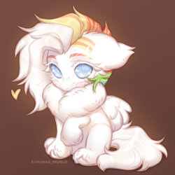 Size: 2300x2300 | Tagged: safe, artist:avroras_world, part of a set, oc, oc only, pegasus, pony, brown background, chest fluff, commission, cute, floppy ears, heart, looking up, multicolored hair, ocbetes, rainbow hair, simple background, sitting, solo, unshorn fetlocks, ych result