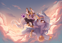 Size: 4300x3000 | Tagged: safe, artist:avroras_world, oc, oc only, oc:princess altea, alicorn, cat, pony, anthro, digitigrade anthro, alicorn oc, chest fluff, circlet, clothes, cloud, commission, duo, female, flying, grin, hoodie, hoof shoes, horn, mare, non-pony oc, outdoors, paw pads, paws, riding, sky, smiling, spread wings, wings