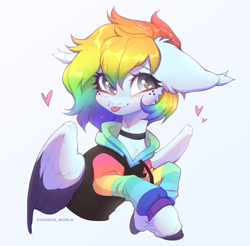 Size: 3200x3150 | Tagged: safe, artist:avroras_world, oc, oc only, oc:virya, pegasus, pony, bust, choker, clothes, eye clipping through hair, eyebrows, eyebrows visible through hair, female, floating heart, floppy ears, freckles, gradient background, heart, hoodie, mare, multicolored hair, not rainbow dash, rainbow hair, solo, tongue out, unshorn fetlocks