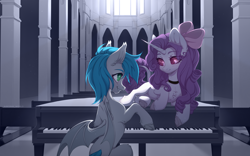 Size: 4000x2500 | Tagged: safe, artist:avroras_world, oc, oc only, bat pony, pony, unicorn, bat wings, bowtie, chest fluff, choker, duo, female, horn, indoors, mare, musical instrument, piano, wings