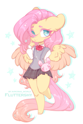 Size: 2100x3150 | Tagged: safe, artist:avroras_world, fluttershy, pegasus, anthro, unguligrade anthro, g4, big ears, clothes, cute, female, floppy ears, hair over one eye, high res, mare, school uniform, short shirt, shyabetes, simple background, skirt, solo, spread wings, uniform, white background, wings