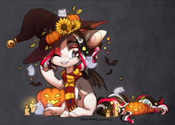 Size: 3962x2823 | Tagged: safe, artist:avroras_world, oc, oc only, bat, bat pony, ghost, pony, undead, abstract background, candle, clothes, commission, cute, fangs, female, flower, halloween, hat, high res, holiday, jack-o-lantern, mare, pumpkin, scarf, sitting, solo, striped scarf, sunflower, underhoof, witch hat, ych result