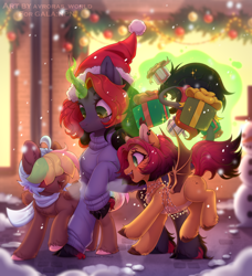 Size: 3390x3720 | Tagged: safe, artist:avroras_world, oc, oc only, oc:hokc, oc:pumpkin (avroras_world), oc:walter evans, bat pony, pegasus, pony, unicorn, adult blank flank, ahoge, bat pony oc, butt freckles, chest fluff, christmas, clothes, cloven hooves, colored eartips, colored hooves, colored pinnae, curved horn, ear piercing, ear tufts, earring, fairy lights, female, fetlock tuft, freckles, garland, glowing, glowing horn, gradient mane, gradient tail, green eyes, hair over eyes, hat, height difference, holiday, hooves, horn, jewelry, leonine tail, levitation, magic, magic aura, mare, npn (nightmare pony night), open mouth, open smile, outdoors, pale belly, piercing, present, santa hat, scarf, smiling, snow, snowman, spread wings, tail, teal eyes, telekinesis, trio, turtleneck, unicorn oc, unshorn fetlocks, wings