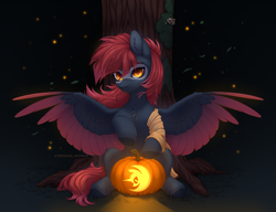 Size: 3900x3000 | Tagged: safe, artist:avroras_world, oc, oc only, firefly (insect), insect, pegasus, pony, black background, clothes, colored wings, embers, halloween, high res, holiday, hooves, jack-o-lantern, male, mask, night, orange eyes, outdoors, pumpkin, scarf, simple background, solo, spread wings, stallion, tree, two toned wings, wings