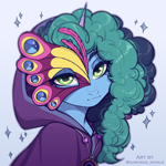 Size: 3000x3000 | Tagged: safe, artist:avroras_world, misty brightdawn, pony, unicorn, g5, my little pony: tell your tale, nightmare night party, cloak, clothes, costume, female, horn, jewelry, looking at you, mare, necklace, nightmare night costume, solo