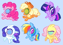 Size: 1815x1304 | Tagged: safe, artist:janegumball, applejack, fluttershy, pinkie pie, rainbow dash, rarity, twilight sparkle, alicorn, earth pony, pegasus, pony, unicorn, g4, applejack's hat, big eyes, blue eyeshadow, chibi, colored eyelashes, cowboy hat, eyelashes, eyeshadow, female, flying, folded wings, green eyelashes, hat, horn, keychain, keychain design, light blue background, looking at you, makeup, mane six, mare, no catchlights, open mouth, open smile, ponytail, profile, purple eyelashes, ringlets, simple background, smiling, smiling at you, spread wings, standing, standing on two hooves, stetson, tail, three quarter view, tied mane, tied tail, twilight sparkle (alicorn), unicorn horn, white pupils, wings