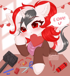 Size: 2733x3000 | Tagged: safe, artist:candybun, oc, oc only, oc:red rocket, unicorn, fallout equestria, blushing, commission, dynamite, explosives, female, fire, hammer, heart, hearts and hooves day, holiday, horn, lighter, mare, paper, pencil, scissors, signature, solo, unicorn oc, ych result