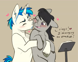 Size: 4894x3898 | Tagged: safe, artist:chub-wub, dj pon-3, octavia melody, vinyl scratch, earth pony, pony, unicorn, g4, blushing, cheek kiss, chest fluff, chin fluff, colored eyebrows, colored hooves, dialogue, duo, duo male and female, ear piercing, earring, eyebrow slit, eyebrows, eyebrows visible through hair, eyes closed, facial hair, female, floating heart, gray hooves, half r63 shipping, hatching (technique), heart, holding a pony, hooves, horn, jewelry, kissing, male, mare, missing accessory, music stand, one eye closed, open mouth, open smile, piercing, record scrape, requested art, rule 63, ship:scrapetavia, ship:scratchtavia, shipping, sideburns, smiling, stallion, straight, talking, three quarter view, trans male, trans vinyl, transgender, turned head, unicorn horn, unshorn fetlocks