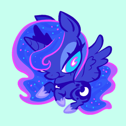 Size: 2048x2048 | Tagged: safe, artist:janegumball, princess luna, alicorn, pony, g4, big eyes, chibi, ethereal mane, ethereal tail, eyelashes, female, flying, green background, high res, hoof shoes, horn, lidded eyes, looking at you, mare, no catchlights, peytral, princess shoes, simple background, smiling, smiling at you, solo, spread wings, starry mane, starry tail, tail, three quarter view, unicorn horn, unusual pupils, white pupils, wings