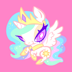 Size: 2048x2048 | Tagged: safe, artist:janegumball, princess celestia, alicorn, pony, g4, big eyes, chibi, female, looking at you, mare, pink background, rearing, simple background, smiling, smiling at you, solo, spread wings, unusual pupils, white pupils, wings