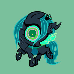 Size: 2048x2048 | Tagged: safe, artist:janegumball, queen chrysalis, changeling, changeling queen, g4, big eyes, chibi, female, green background, green sclera, looking at you, simple background, smiling, smiling at you, solo, standing on two hooves, turned head