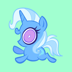 Size: 2048x2048 | Tagged: safe, artist:janegumball, trixie, pony, unicorn, g4, big eyes, chibi, female, green background, horn, mare, open mouth, open smile, simple background, smiling, solo, white pupils