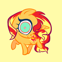 Size: 2048x2048 | Tagged: safe, artist:janegumball, sunset shimmer, pony, unicorn, g4, big eyes, chibi, female, horn, looking at you, mare, simple background, solo, standing on two hooves, turned head, white pupils, yellow background