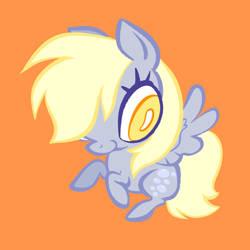 Size: 2048x2048 | Tagged: safe, artist:janegumball, derpy hooves, pegasus, pony, g4, big eyes, chibi, female, flying, looking at you, mare, orange background, simple background, smiling, smiling at you, solo, spread wings, white pupils, wings