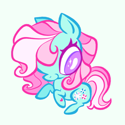 Size: 2048x2048 | Tagged: safe, artist:janegumball, minty, earth pony, pony, g3, big eyes, chibi, female, light blue background, looking at you, mare, simple background, smiling, smiling at you, solo, white pupils