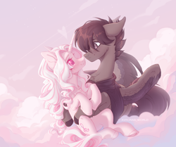 Size: 3700x3100 | Tagged: safe, artist:avrora_verner, artist:avroras_world, oc, oc only, pegasus, pony, unicorn, blushing, cloud, commission, cuddling, duo, duo male and female, female, floppy ears, horn, looking at each other, looking at someone, male, mare, oc x oc, on a cloud, shipping, signature, sitting, sitting on a cloud, stallion, straight, wings