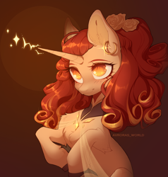 Size: 3000x3150 | Tagged: safe, artist:avrora_verner, artist:avroras_world, oc, oc only, pony, unicorn, bust, ear piercing, earring, female, gradient background, hooped earrings, horn, jewelry, mare, necklace, piercing, signature, solo