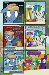 Size: 749x1151 | Tagged: safe, artist:alexdti, oc, oc only, oc:brainstorm (alexdti), oc:purple creativity, oc:screwpine caprice, oc:star logic, oc:vee, pegasus, unicorn, comic:quest for friendship retold, annoyed, ascot, blue coat, comic, cup, female, glasses, green coat, horn, male, mare, multicolored hair, open mouth, open smile, pegasus oc, purple coat, smiling, speech bubble, unicorn oc